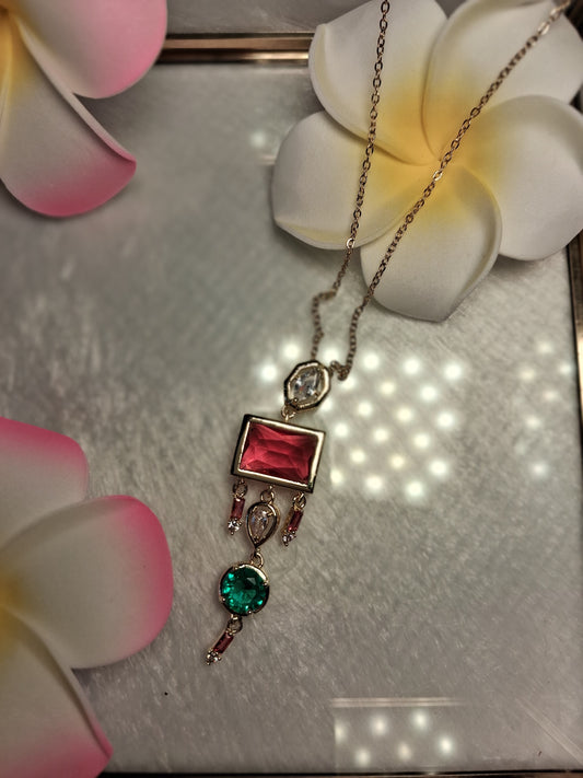 Red Green Crystals Anti Tarnish Neck Pendant