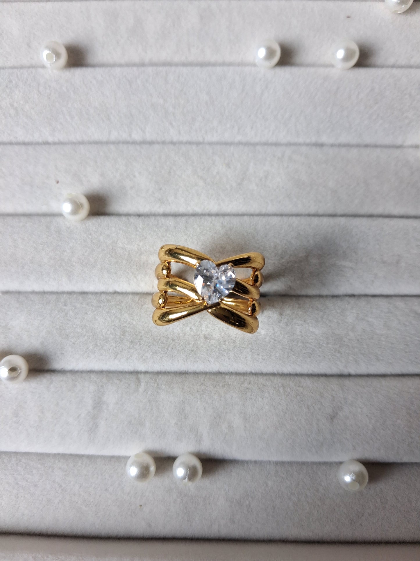 Layered Band Heart Crystal AntiTarnish Adjustable Ring
