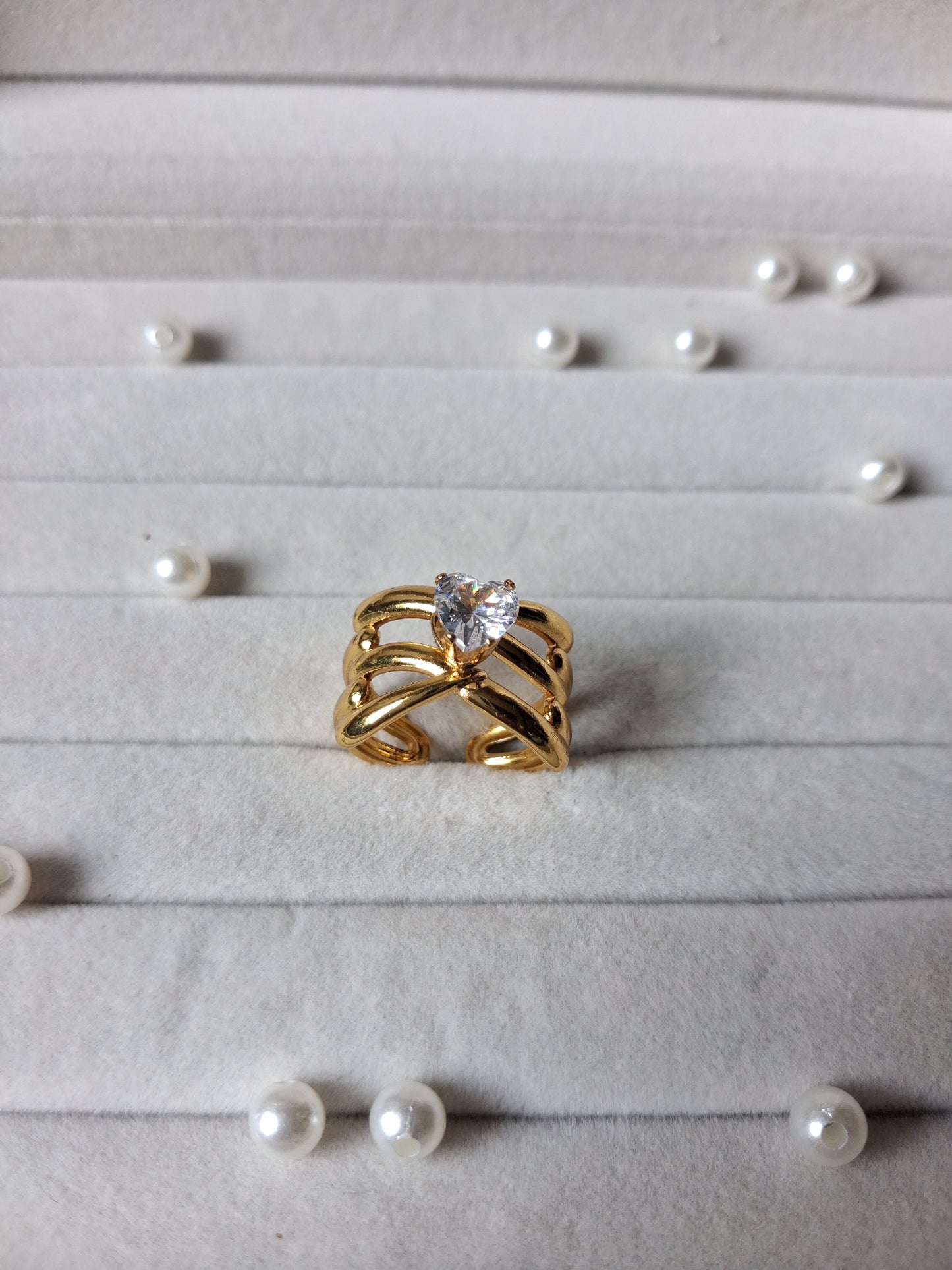 Layered Band Heart Crystal AntiTarnish Adjustable Ring