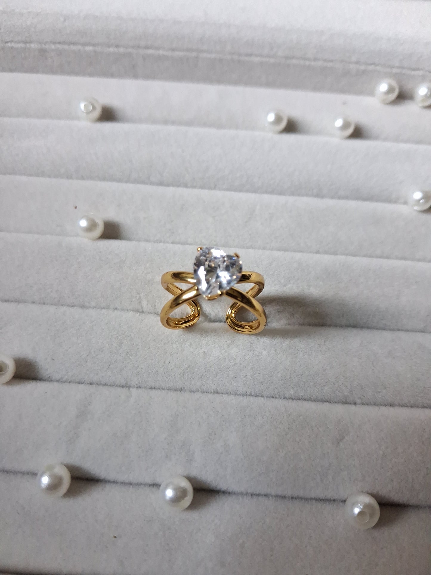 Criss Cross Heart shaped crystal Anti Tarnish Adjustable ring