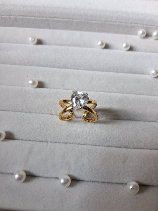 Criss Cross Heart shaped crystal Anti Tarnish Adjustable ring