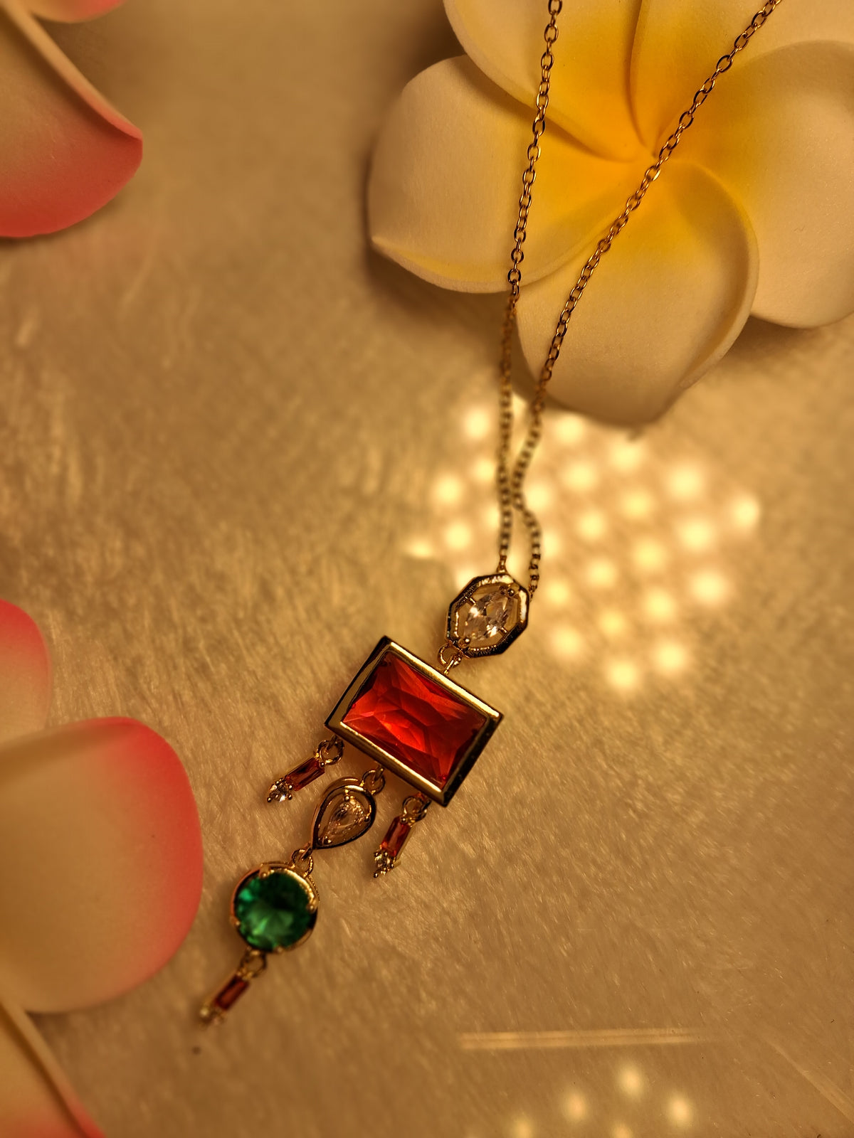 Red Green Crystals Anti Tarnish Neck Pendant