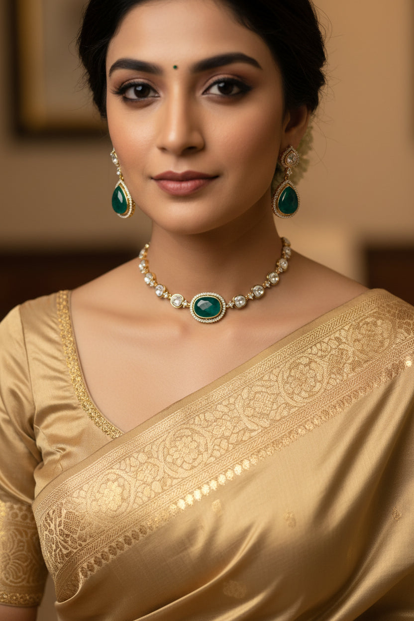 Isha Emerald Moissanite Single Line Choker Set