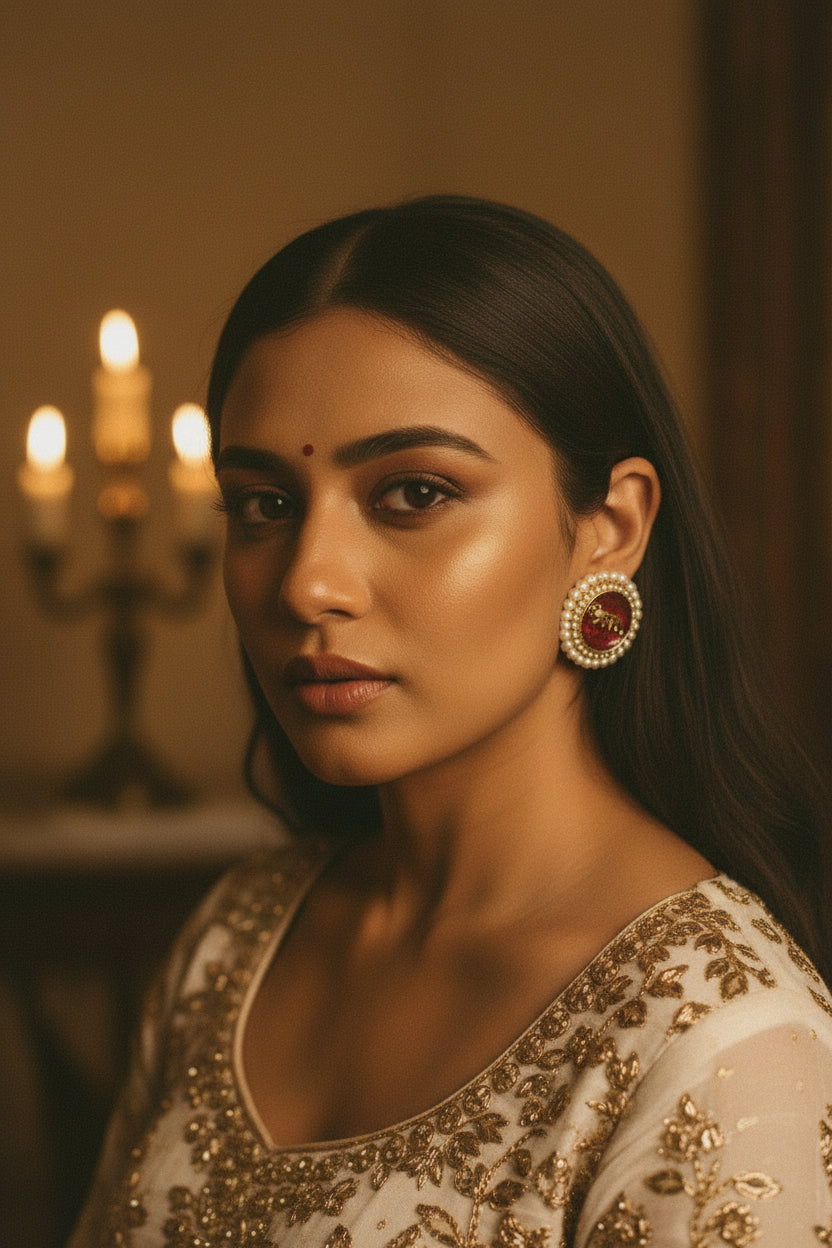 Red and white earrings with pearl details held in a hand, with 'The fire of Ruby' text above.