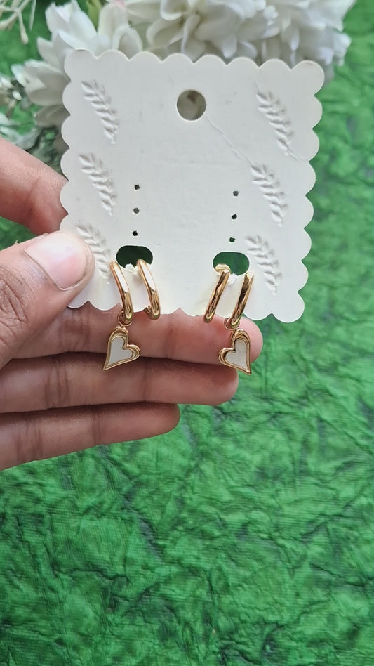 White heart charm semi hoop anti tarnish earrings